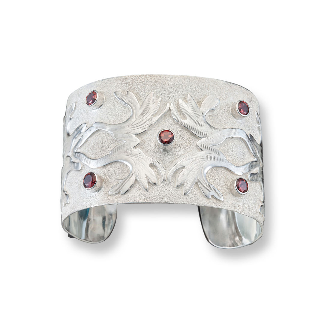 Garnet Statement Cuff/Les Feuilles Cuff/ Garnet Cuff/ Sterling Silver