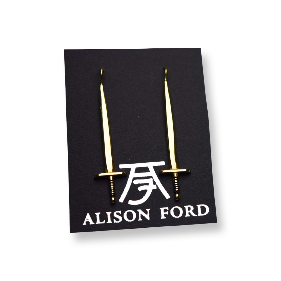 Gold Sword Earrings/ 14k Vermeil Sword Earrings/ Sword Dangles/ Sword Posts
