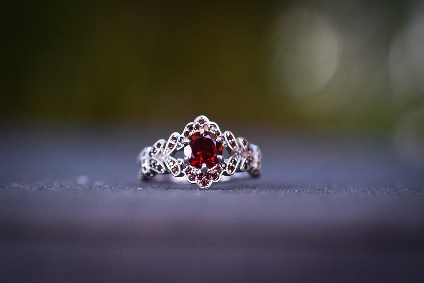 Solid 10k White Gold/ Garnet/ Ring