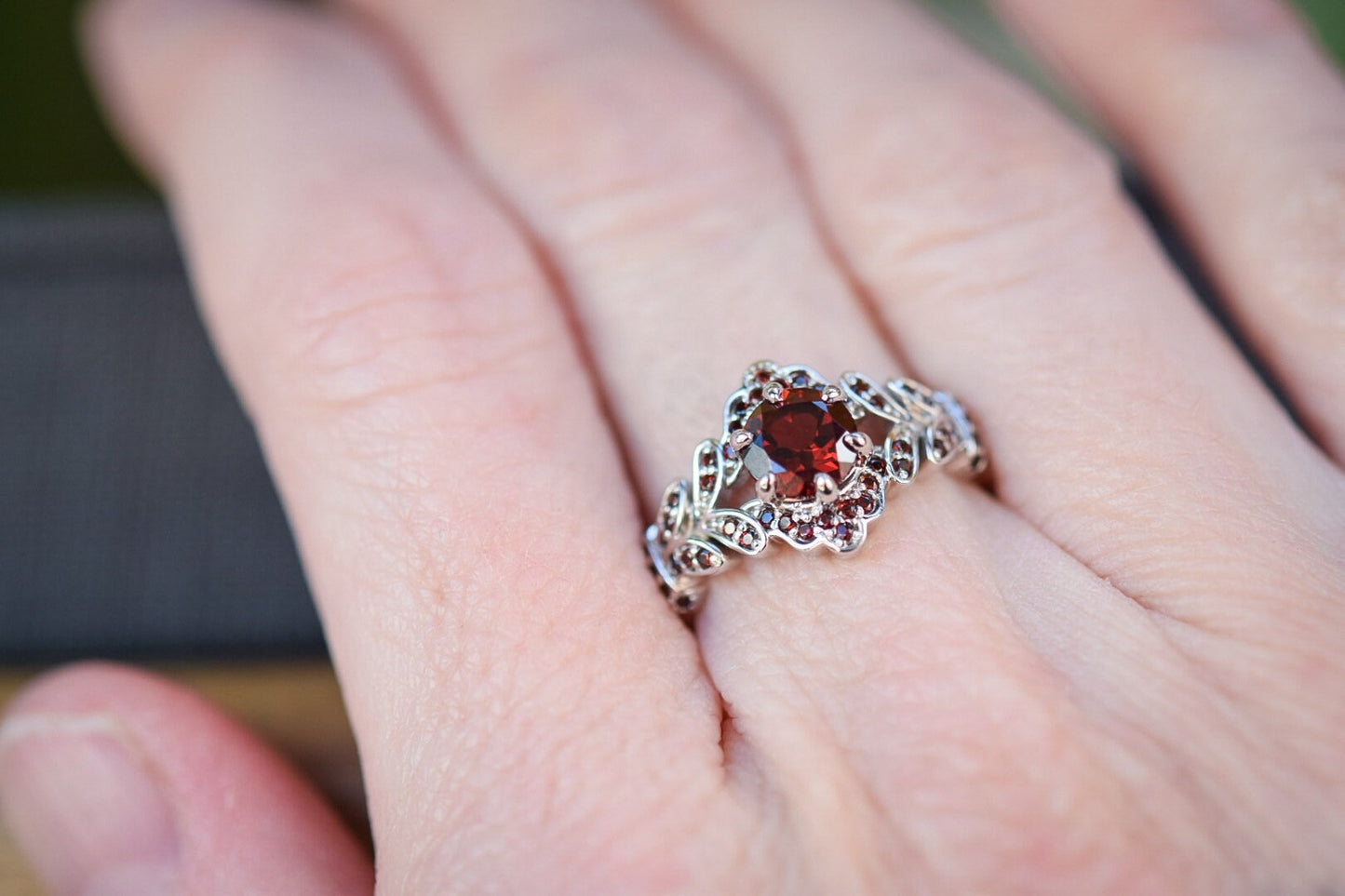 Solid 10k White Gold/ Garnet/ Ring
