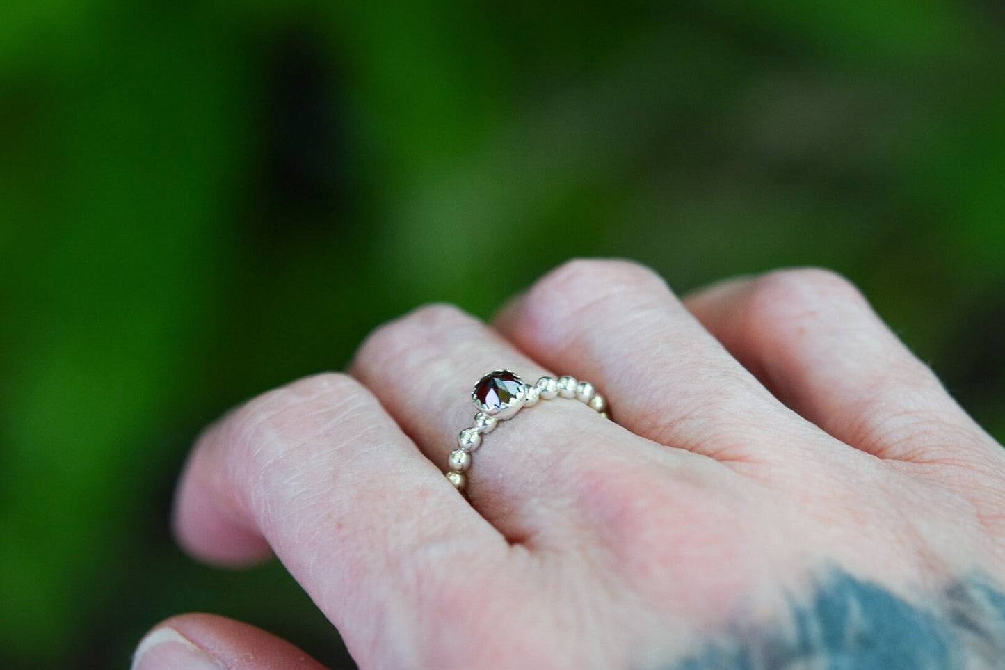 Garnet Stacking Ring/ Sterling Silver/ Beaded Stacking Ring