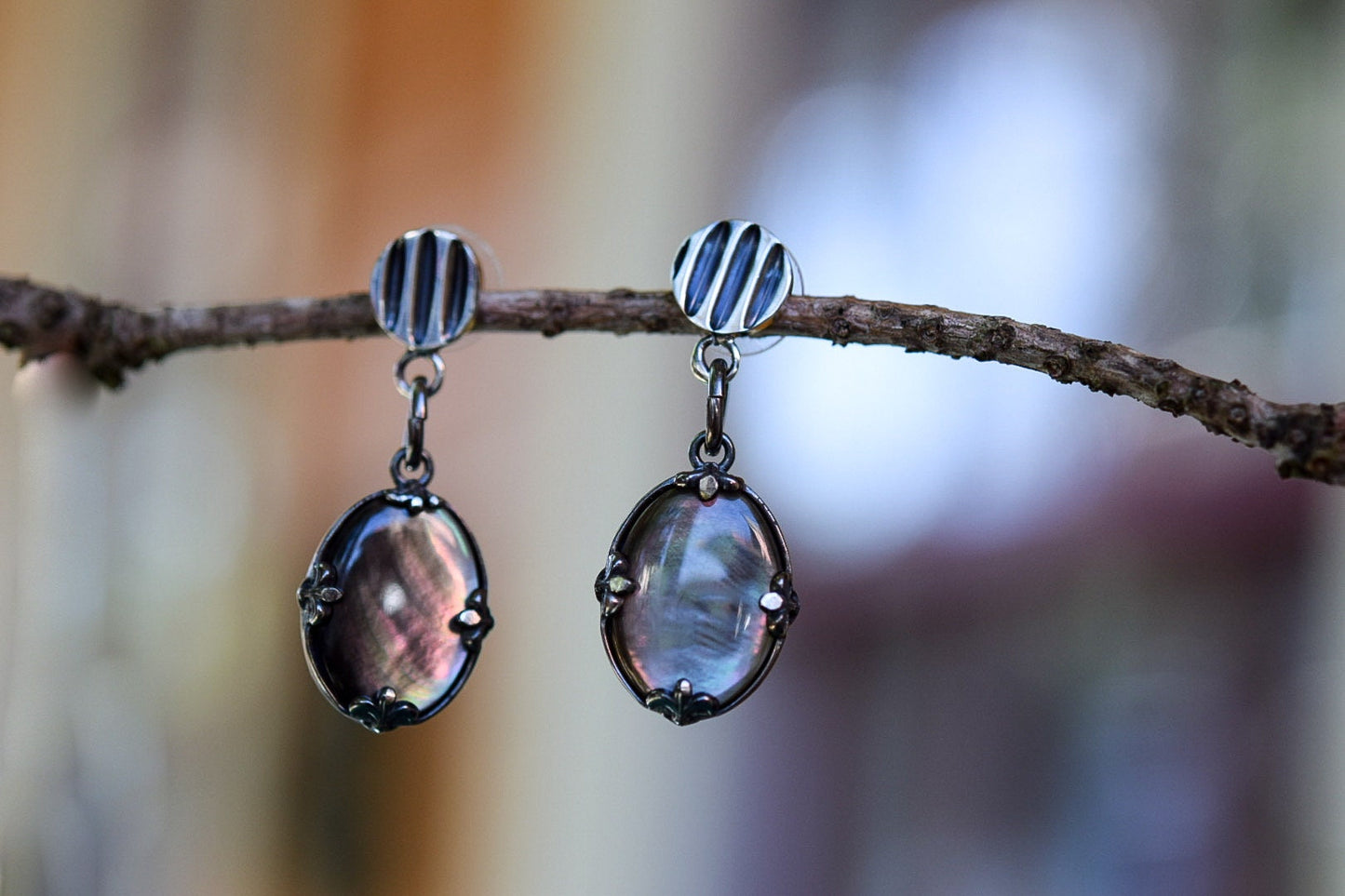 Black Mother of Pearl Post Earrings/Sterling Silver/ Black Mother of Pearl