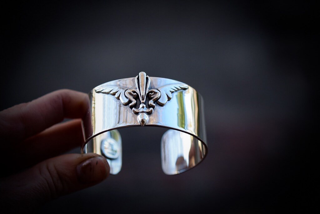 Fleur De Lis Cuff/ Sterling Silver/ Wings Cuff/ Handmade Jewelry