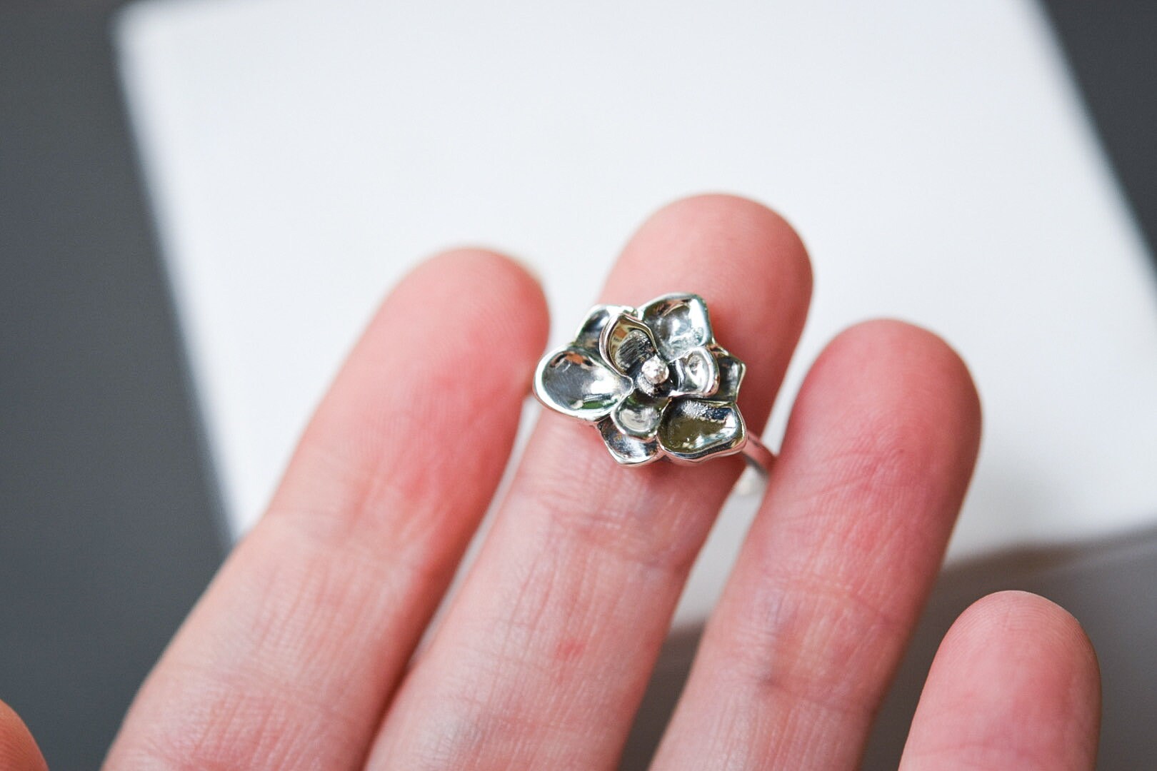 Small Magnolia Ring/ Sterling Silver/ Flower Stacking Ring