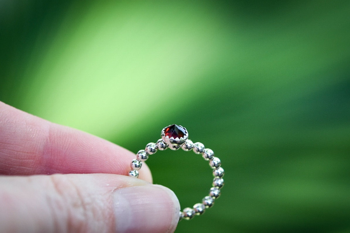 Garnet Stacking Ring/ Sterling Silver/ Beaded Stacking Ring