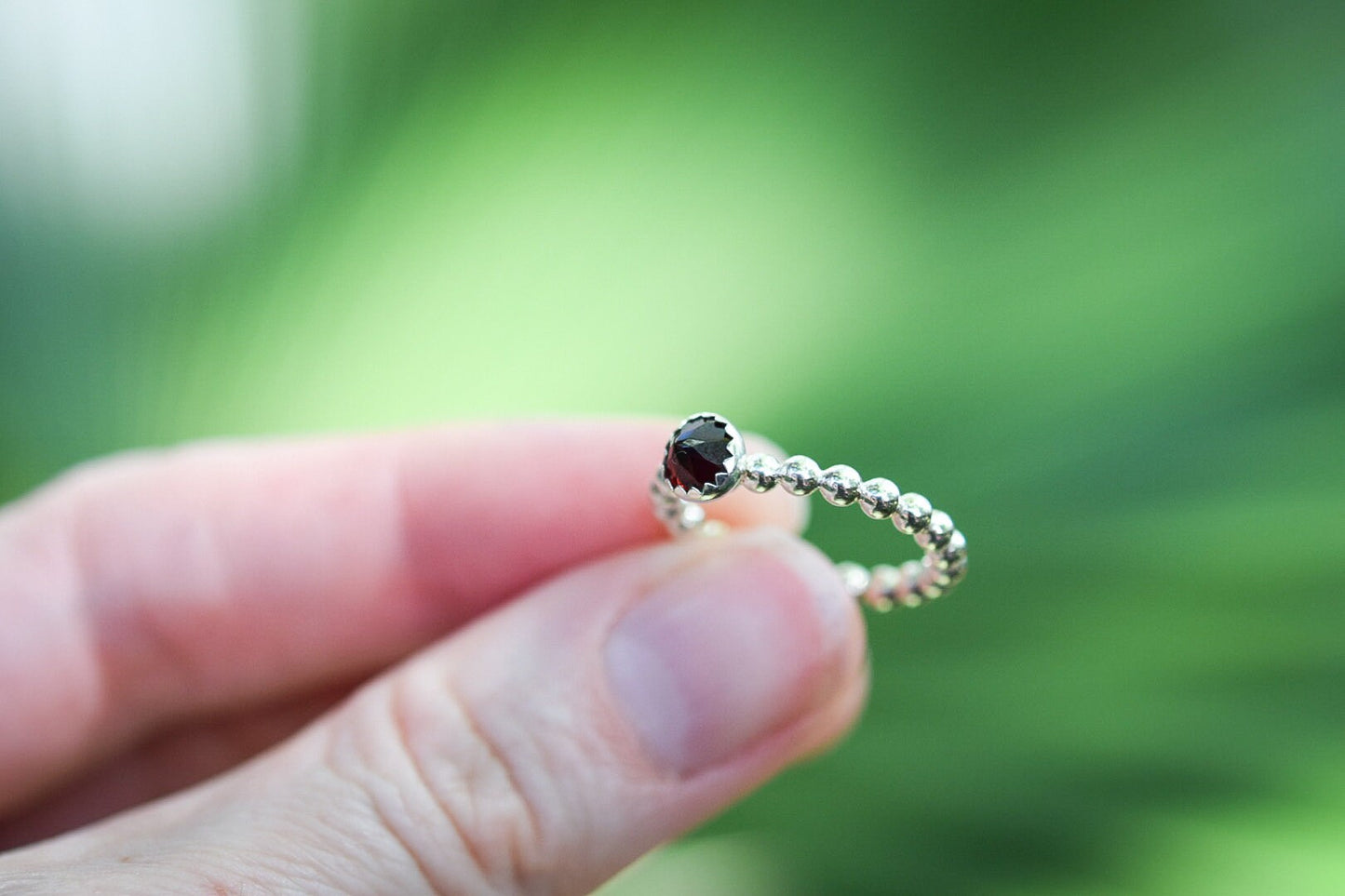 Garnet Stacking Ring/ Sterling Silver/ Beaded Stacking Ring