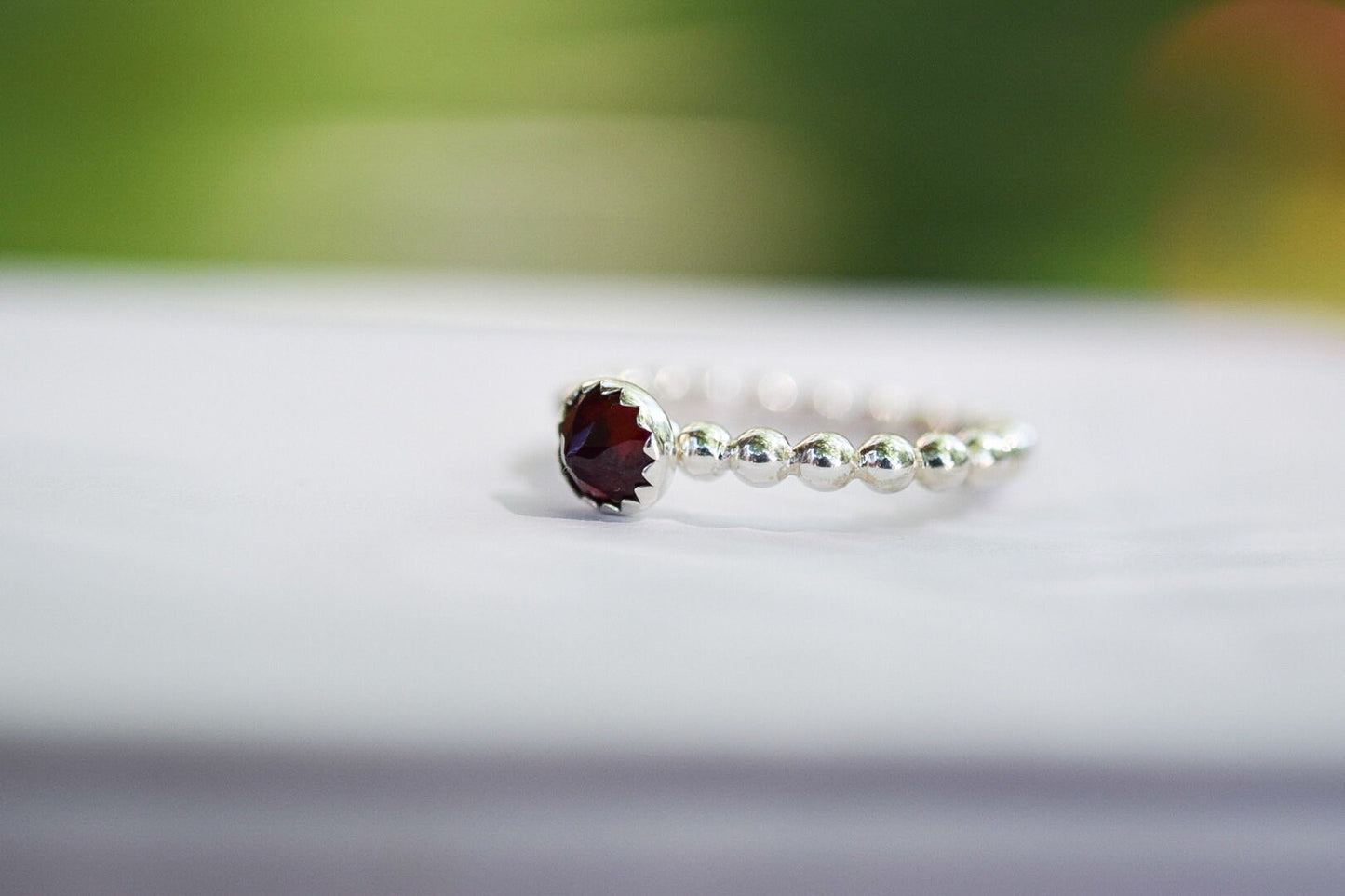 Garnet Stacking Ring/ Sterling Silver/ Beaded Stacking Ring