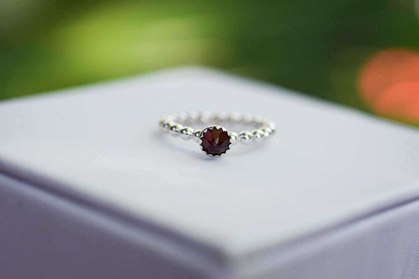 Garnet Stacking Ring/ Sterling Silver/ Beaded Stacking Ring