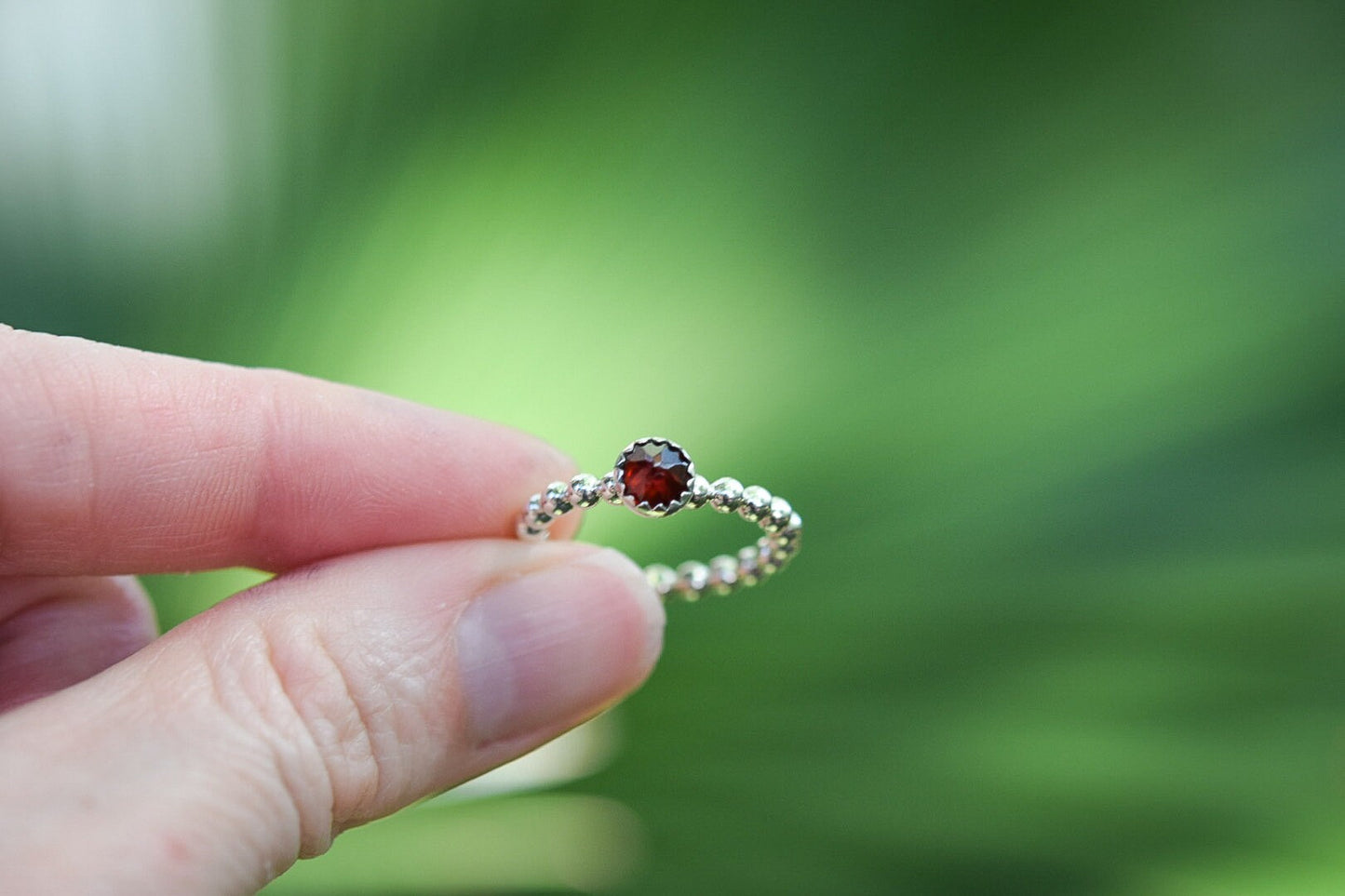 Garnet Stacking Ring/ Sterling Silver/ Beaded Stacking Ring