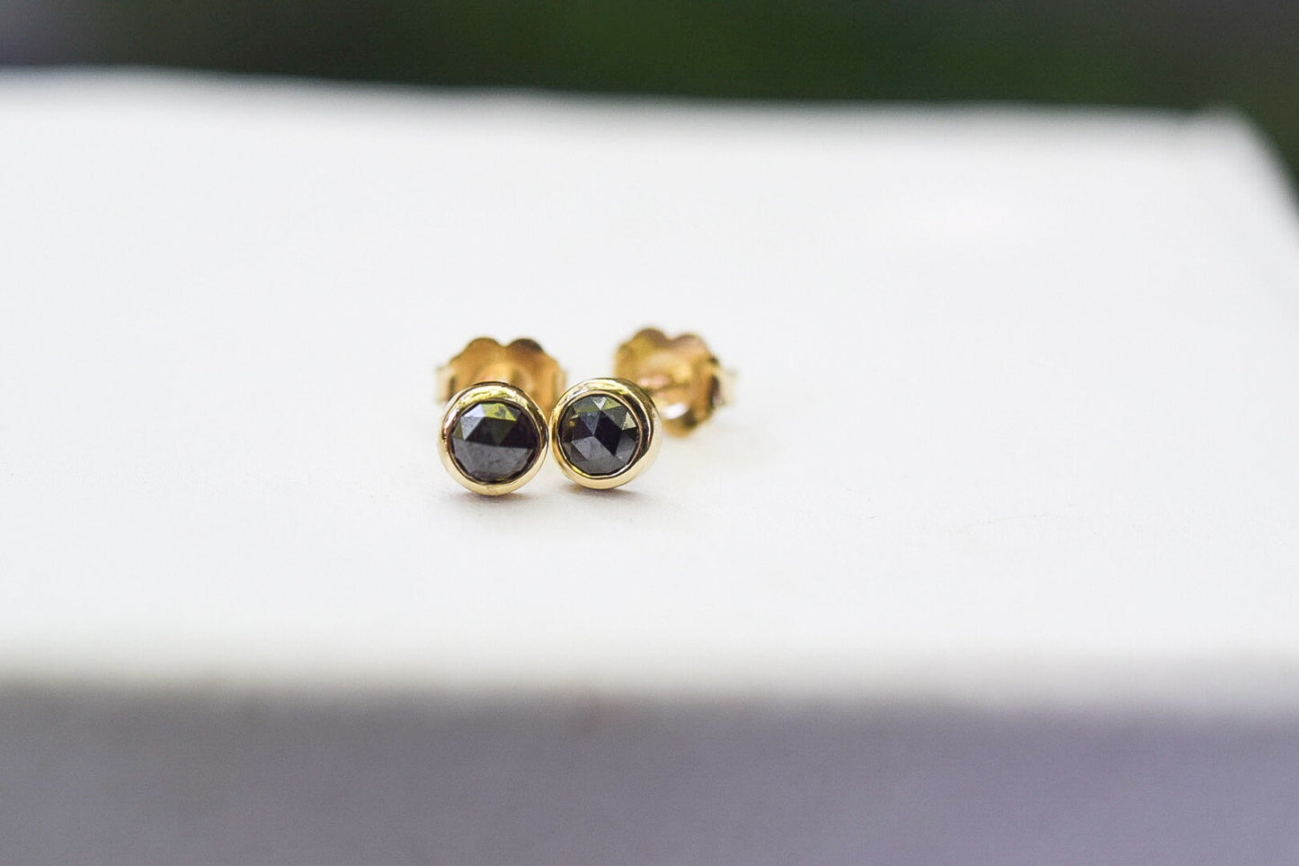 14k Solid Gold Rose Cut Diamond Studs/ Natural Diamonds/ Black Diamond Earrings