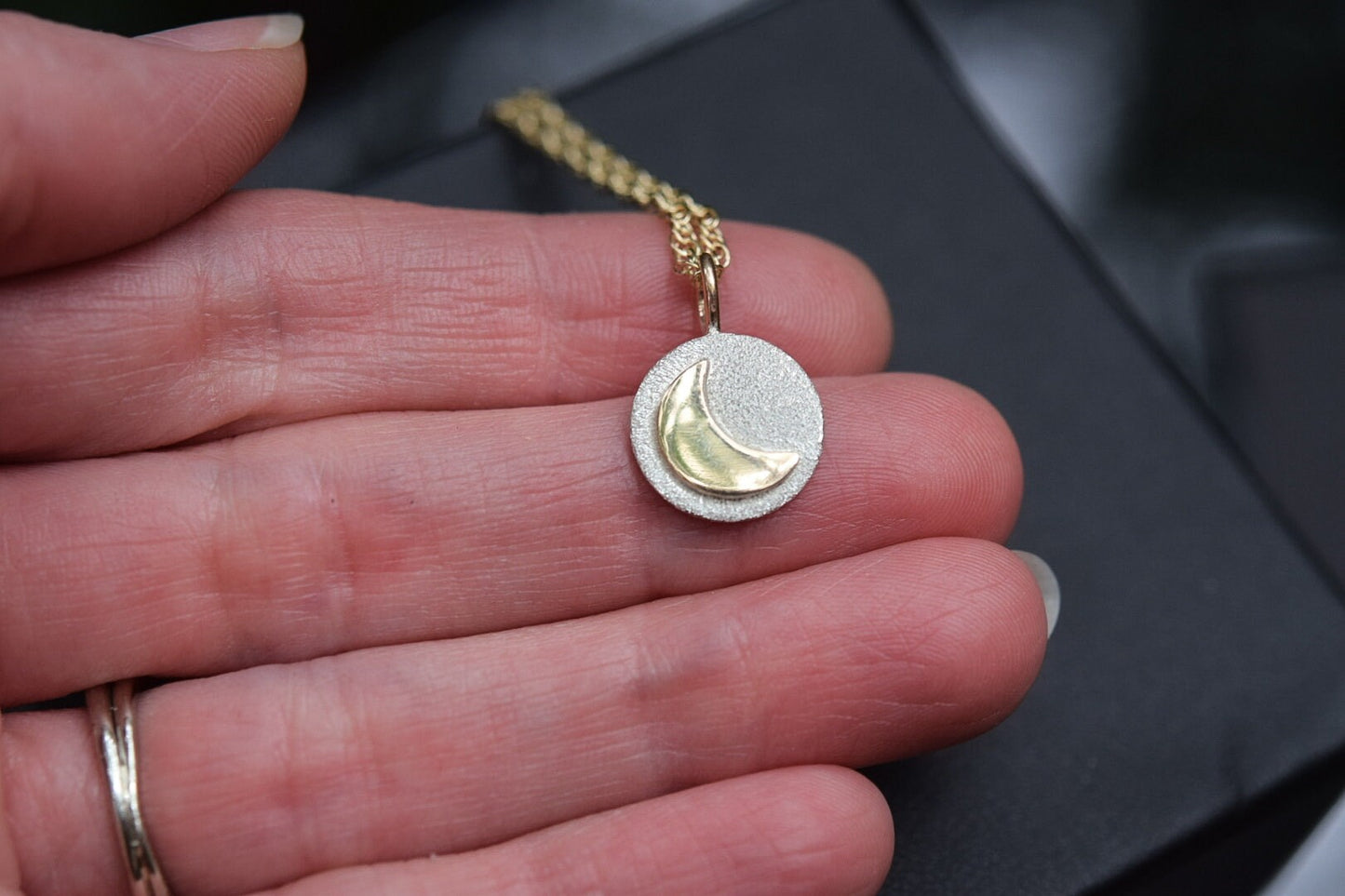 Crescent Moon Medallion Necklace/ Sterling Silver/ Gold Filled/ Mixed Metals/ Small Necklace/ Silver and Gold