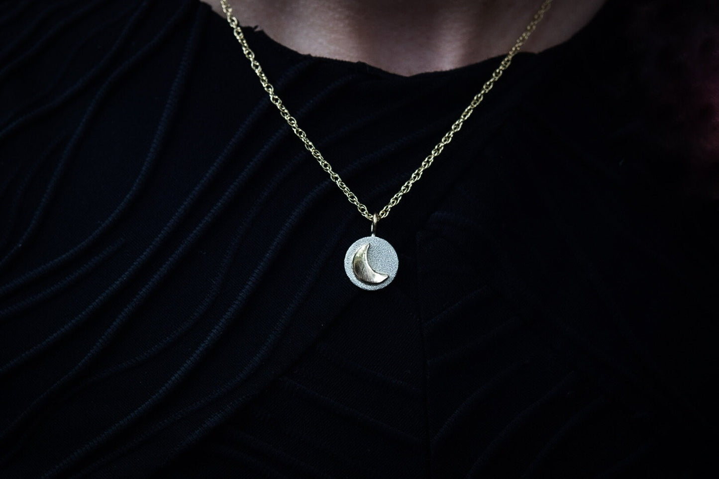 Crescent Moon Medallion Necklace/ Sterling Silver/ Gold Filled/ Mixed Metals/ Small Necklace/ Silver and Gold