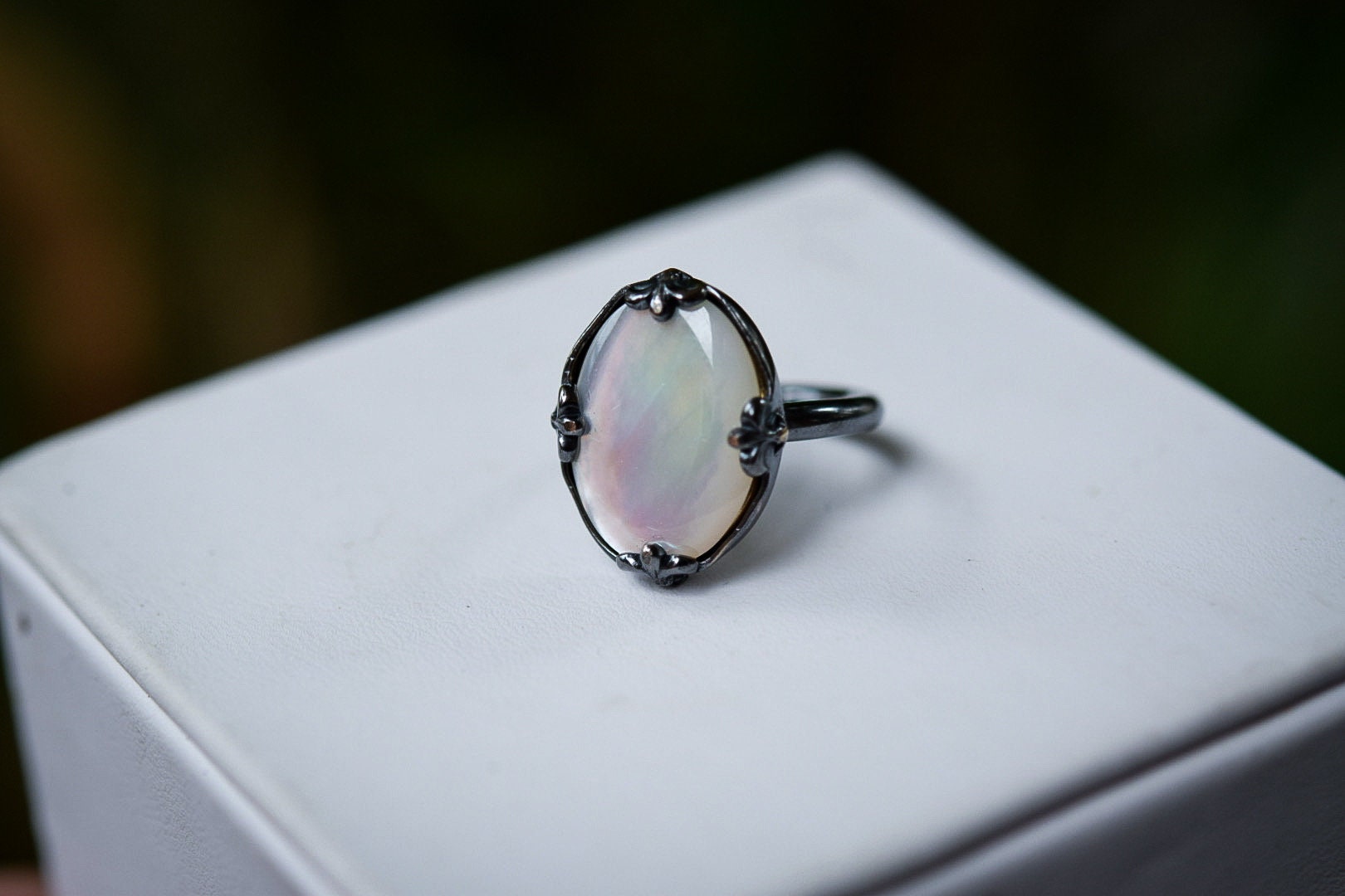 White Mother of Pearl Ring/ Sterling Silver/ Mirror, Mirror Ring/ pearlescent