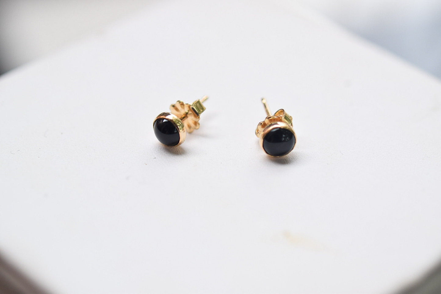 Gold Black Onyx Studs/ Solid 14k / 5mm Post Earrings