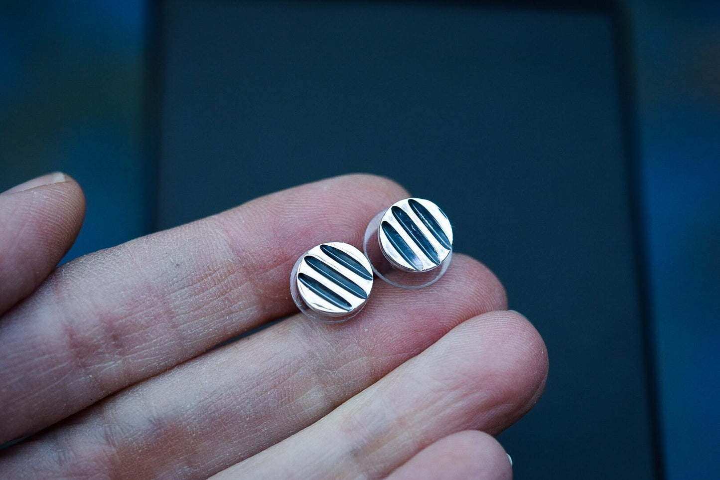 Striped Studs/ Sterling Silver/ Silver Post Earrings/ Circle Earrings