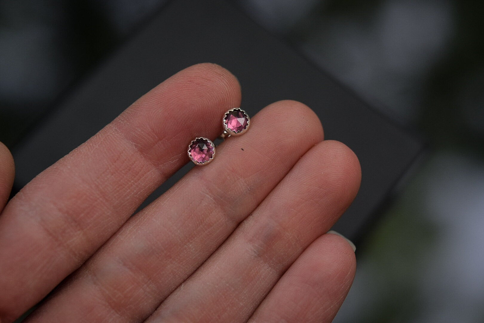 Rhodolite Garnet Studs/ Sterling Silver/ Rose cut garnet earrings