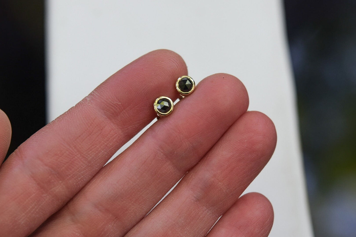 14k Solid Gold Rose Cut Diamond Studs/ Natural Diamonds/ Black Diamond Earrings