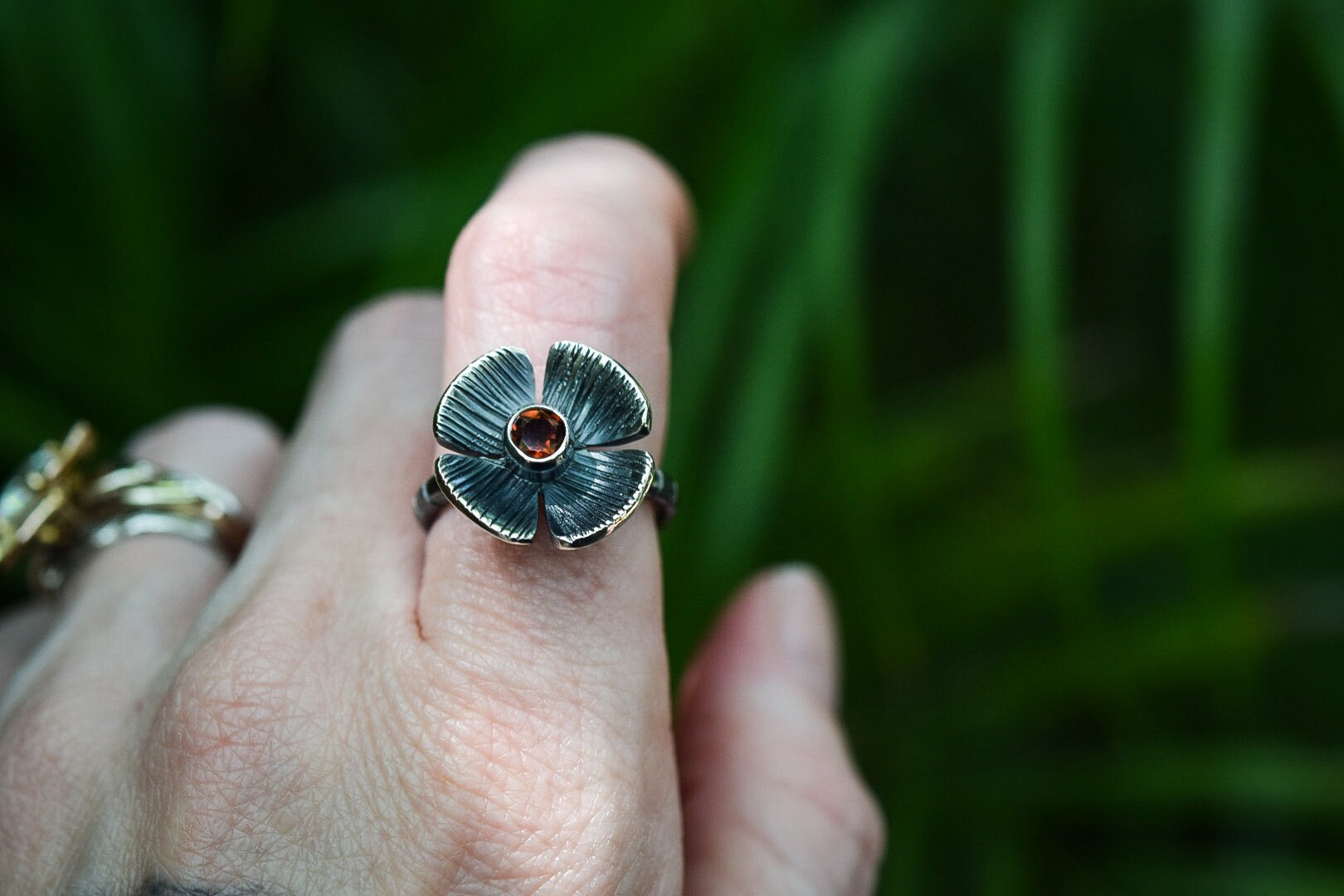 Fire Citrine Flower Ring/ Sterling Silver/ Oxidized Flower Ring