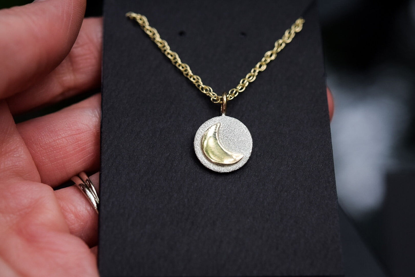 Crescent Moon Medallion Necklace/ Sterling Silver/ Gold Filled/ Mixed Metals/ Small Necklace/ Silver and Gold